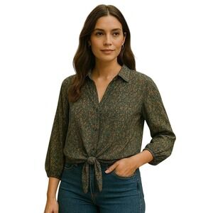 Kim & Cami Floral Print Tunic Top Blouse Tie‎ Waist Long Sleeve Large